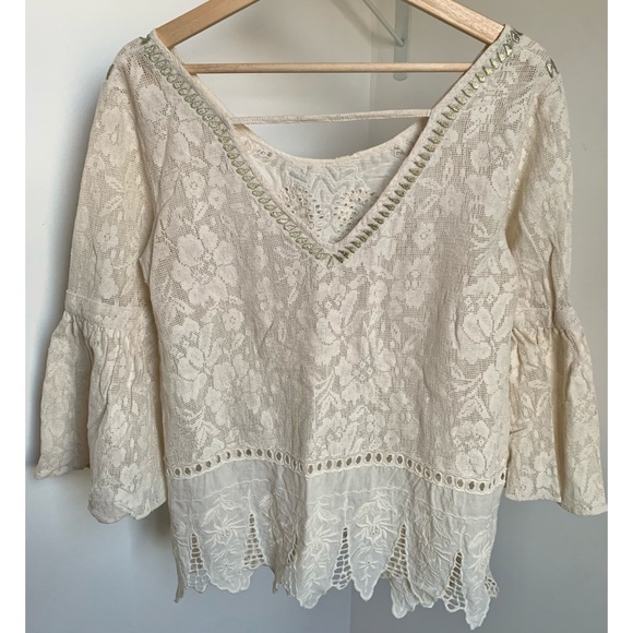 Free People • S • Eyelet Lace Cotton Bell 3/4 Sleeve Embroidered Top - Picture 2 of 4
